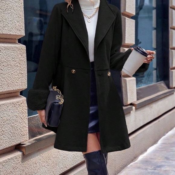 Classic Vegan Fur Double breasted Flared Hem Jacket Coat - Picture 8 of 11